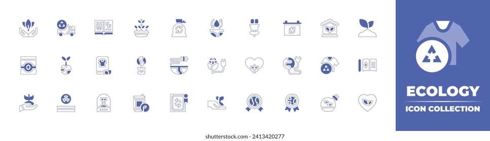 Ecology icon collection. Duotone style line stroke and bold. Vector illustration. Containing love, greenhouse effect, garbage bag, earth, recyclable, reuse water, bio energy, grow, plant, plants.