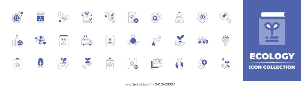 Ecology icon collection. Duotone style line stroke and bold. Vector illustration. Containing solar panel, car, plastic bag, recycling, biofuel, fertilizer, recycling bin, recyclable, planet, search.