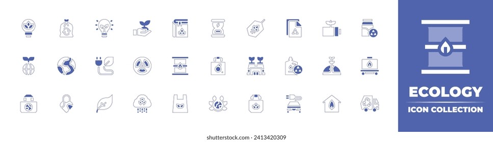 Ecology icon collection. Duotone style line stroke and bold. Vector illustration. Containing eco bulb, bio energy, green energy, factory, bag, house, tag, environment, ecology.