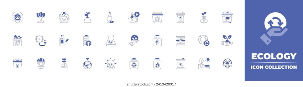 Ecology icon collection. Duotone style line stroke and bold. Vector illustration. Containing reusable, gasoline, recycling, planet earth, bottle, trash, flask, paper bag, renewable energy, bag, plant.