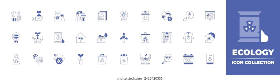 Ecology icon collection. Duotone style line stroke and bold. Vector illustration. Containing recycle, recycle bin, cosmetics, bin, growth, lightbulb, earth, turbine, clipboard, recycling container.