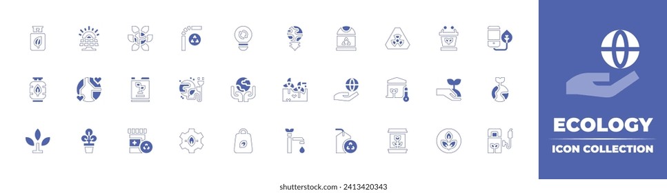 Colección de iconos de la ecología. Curso de línea de estilo duotónico y negrita. Ilustración vectorial. Conteniendo luz, tierra, bolsa de compra, bombilla, molino de viento, biocombustible, grifo, reciclado, reciclar, reciclar.