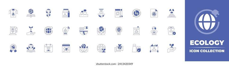Ecology icon collection. Duotone style line stroke and bold. Vector illustration. Containing recycle, ecology and environment, ecology, bio, green factory, farming, recycle bag, earth, world oceans.