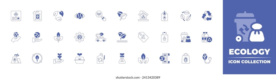 Ecology icon collection. Duotone style line stroke and bold. Vector illustration. Containing ecology, eco friendly, growth, biodegradable, garbage, bag, factory, eco house, tag, eco car.