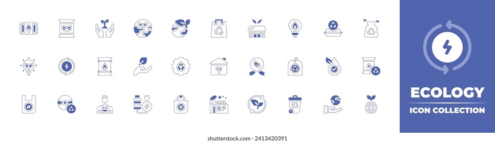 Ecology icon collection. Duotone style line stroke and bold. Vector illustration. Containing food container, hypoallergenic, earth, eco hotel, organic, leaf, eco packaging, eco light, eco bag.