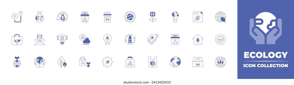 Ecology icon collection. Duotone style line stroke and bold. Vector illustration. Containing renewable energy, innovation, leaf, packaging, energy, fuel, eco house, factory, bio energy