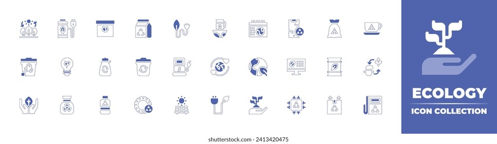 Ecology icon collection. Duotone style line stroke and bold. Vector illustration. Containing green energy, electric station, solar panel, gas station, box, world, recycle bin, electric plug.