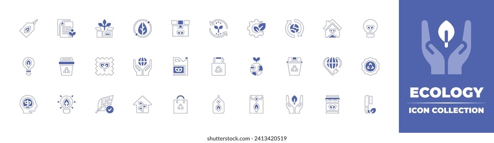 Ecology icon collection. Duotone style line stroke and bold. Vector illustration. Containing gear, friendly, packaging, package, material, hypoallergenic, house, eco energy, tag, eco.