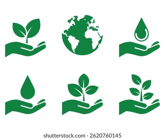 Ecology icon collection with hands holding a plant, leaf, water drop, and Earth elements. Illustrative graphics perfect for environmental, sustainability, and nature themes.