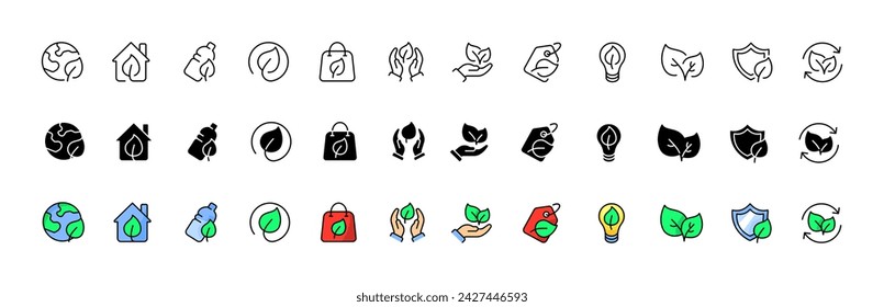 Ecology icon collection. Ecology icons. Linear, silhouette and flat style. Vector icons