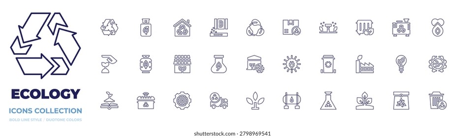 Ecology icon collection. Line style. Editable stroke. flask, love, world, recycle bin, biogas, recycle sign, cooling system, heating, home, smart trash.