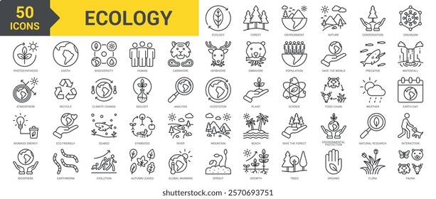 Ecology icon collection set. Containing forest, environment, nature, conservation, organism, photosynthesis, atmosphere, biomass energy, biosphere, earth, biodiversity, nature icon. Simple line vector