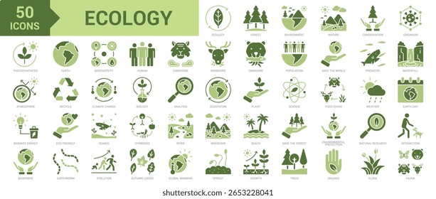 Conjunto de coleta de ícones de ecologia. Contendo floresta, ambiente, natureza, conservação, organismo, fotossíntese, atmosfera, energia de biomassa, biosfera, terra, biodiversidade, ícone da natureza. Vetor plano simples