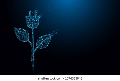 Ecology icon with electric plug and leaves form lines and triangles, point connecting network on blue background. Illustration vector