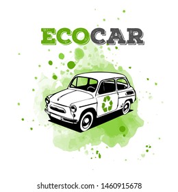 Ecology icon. Green watercolor recycling sign. Vintage ukrainian car Zaporozhets
