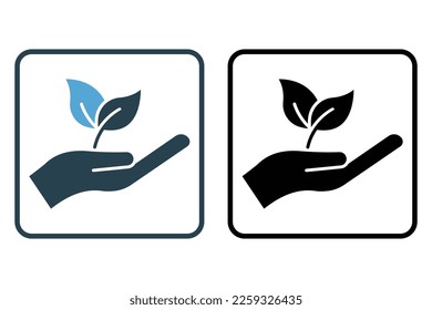 Ecology icon illustration. hand icon with leaf. icon related to renewable energy. Solid icon style. Simple vector design editable