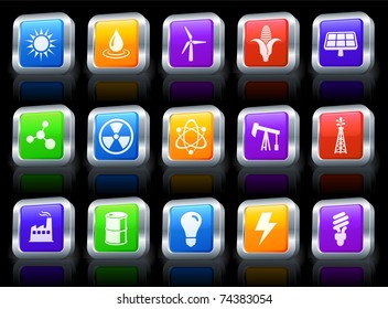Ecology Icon on Square Button with Metallic Rim Collection Original Illustration