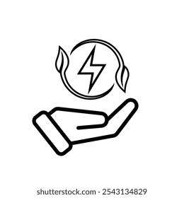Ecology icon. renewable energy in hand, environmental protection, earth, leaves, recycling, green energy, green icon. outline design style. energy, resources