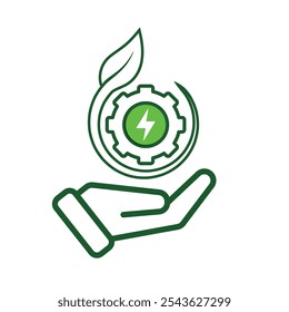 Ecology icon. renewable energy in hand, environmental protection, earth, leaves, recycling, green energy, green icon. mixed design style. energy, resources