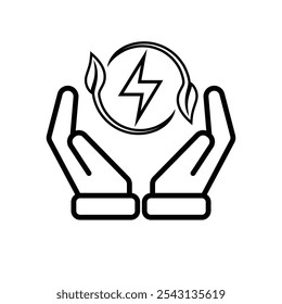 Ecology icon. save renewable energy in hand, environmental protection, earth, leaves, recycling, green energy, green icon. outline design style. energy, resources