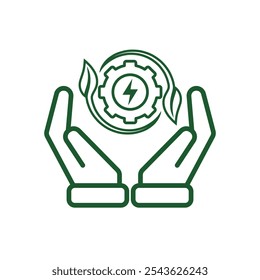 Ecology icon. save renewable energy in hand, environmental protection, earth, leaves, recycling, green energy, green icon. outline design style. energy, resources