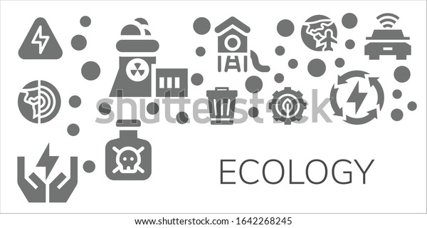 ecology icon set. 11 filled ecology\
icons. Included Energy, Nuclear plant, Planet earth, Trash, Save\
energy, Green energy, Park, Toxic, Electric car\
icons