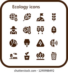  ecology icon set. 16 filled ecology icons. Simple modern icons about  - Global warming, Renewable energy, Earth, Growing plant, Gardener, Cartridge, Leaf, Geothermal, Tree, Energy