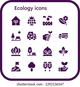  ecology icon set. 16 filled ecology icons. Simple modern icons about  - Garden, Solar panel, Prairie, Leaf, Park, Eco, Eco friendly, Garbage truck, Tree, Plant, Earth, Cartridge