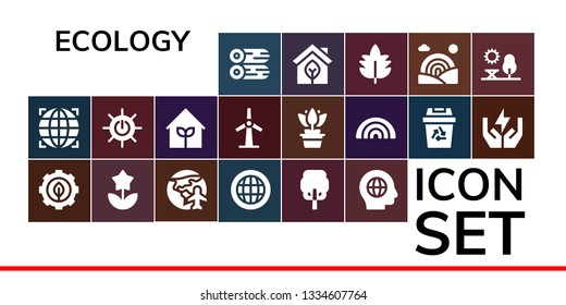 ecology icon set. 19 filled ecology icons.  Simple modern icons about  - Woods, Globe, Green energy, Flower, Planet earth, Tree, Global, Solar energy, Garden, Windmill, Rainbow