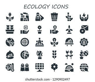  ecology icon set. 30 filled ecology icons. Simple modern icons about  - Green energy, Nuclear plant, Fins, Trash, Bamboo, Save energy, Plants, Globe, Flower, Windmill, Delete