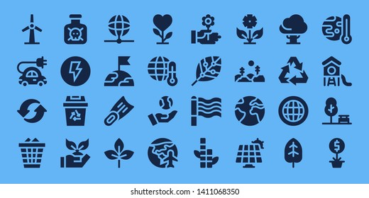 ecology icon set. 32 filled ecology icons. on blue background style Collection Of - Windmill, Electric car, Recycle, Waste, Toxic, Electricity, Recycling, Planting, Earth, Fins