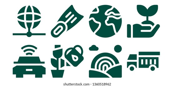 ecology icon set. 8 filled ecology icons.  Simple modern icons about  - Electric car, Earth, Plant, Fins, Rainbow, Garbage truck, Sprout