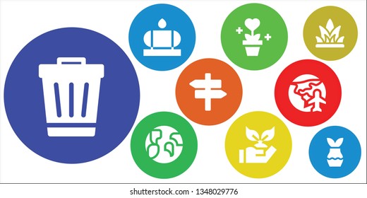 ecology icon set. 9 filled ecology icons.  Collection Of - Trash, Water tank, Plant, Earth, Planting, Panel, Planet earth, Grass