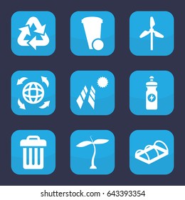Ecology icon. set of 9 filled ecology icons such as plant, trash bin, energy drink, greenohuse, globe, recycle, mill