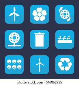 Ecology icon. set of 9 filled ecology icons such as tree, trash bin, sprout plants, flower, recycle, qround the globe, globe