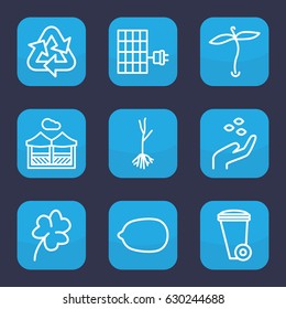 Ecology icon. set of 9 outline ecology icons such as plant, hand with seeds, clover, lemon, trash bin, sprout, pergola, solar panel