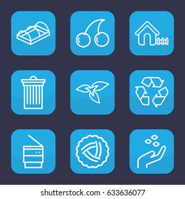 Ecology icon. set of 9 outline ecology icons such as plant, nest, hand with seeds, house, cherry, trash bin, greenohuse