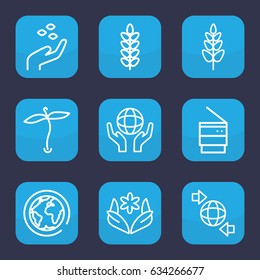 Ecology icon. set of 9 outline ecology icons such as plant, hand with seeds, flower, qround the globe, holding globe, trash bin