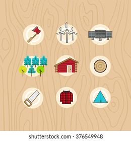 Ecology icon set: axe,  windmill, solar panels, trees, shack, stamp, saw, lumberjack shirt, tent