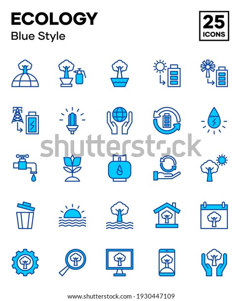 Ecology icon set with blue color style, including\
the environment, natural resources, energy, and nature. Editable\
vector icons