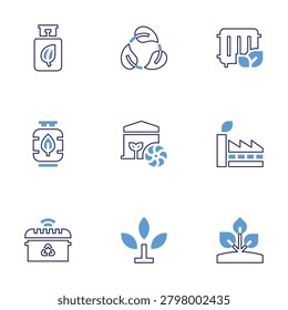 Ecology icon set. Bold line style. Duotone colors. Editable stroke. biogas, recycle sign, cooling system, heating, smart trash, sprout, industry, plant.