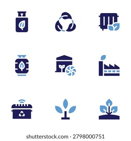 Ecology icon set. Bold style. Duotone colors. biogas, recycle sign, cooling system, heating, smart trash, sprout, industry, plant.