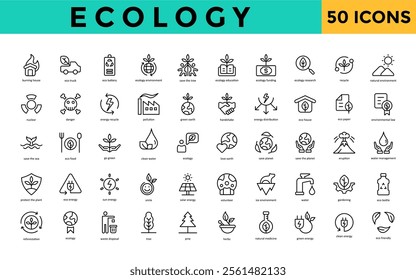 Ecology icon set with burning house, eco truck, eco battery, ecology environment, save the tree, education, funding, ecology research, recycle icon. Simple line vector 
