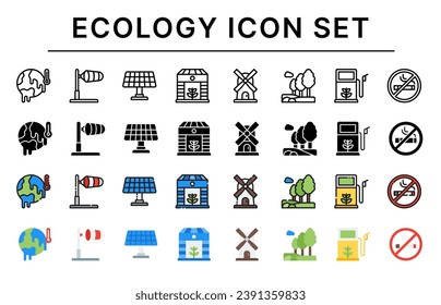 Ecology icon set, Set of climate, Global Warming, Windsock, Solar Panel, Green House, Windmill, trees, forest, Biofuel, No Smoking