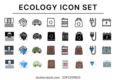 Ecology icon set, Set of climate, Sewer, Iceberg, Garbage Truck, Paper Bag, Oil Tank, Recycle Bag, Electric Charge, Accumulator