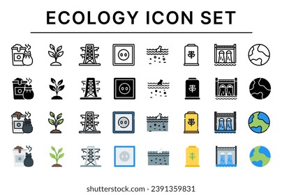 Ecology icon set, Set of climate, Trash,  Plant, Electric Tower, Power Socket, Water Pollution, Dam, World