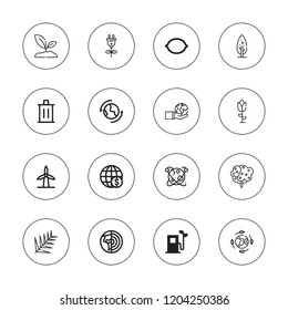 Ecology icon set. collection of 16 outline ecology icons with earth globe, earth, eco fuel, green energy, flower, leaf, lemon, planet earth, planet, trash, windmill icons.