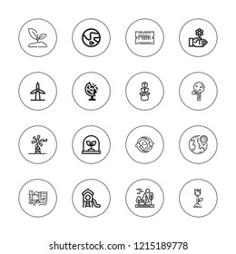 Ecology Icon Set. Collection Of 16 Outline Ecology Icons With Earth Globe, Flower, Park, Planet Earth, Reuse Water, Wind Turbine, Windmill, Tree, Sprout Icons.