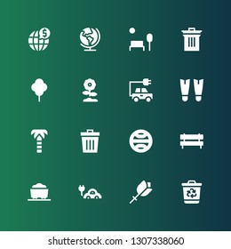 ecology icon set. Collection of 16 filled ecology icons included Recycling bin, Flower, Electric car, Coal, Bench, Terra, Trash, Palm tree, Fins, Energy, Tree, Bin, Park, Earth
