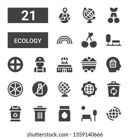 ecology icon set. Collection of 21 filled ecology icons included Earth, Park, Coal, Bin, Trash, Recycle, Global, Earth globe, No liquids, Lemon, Delete, Electrician, Terra